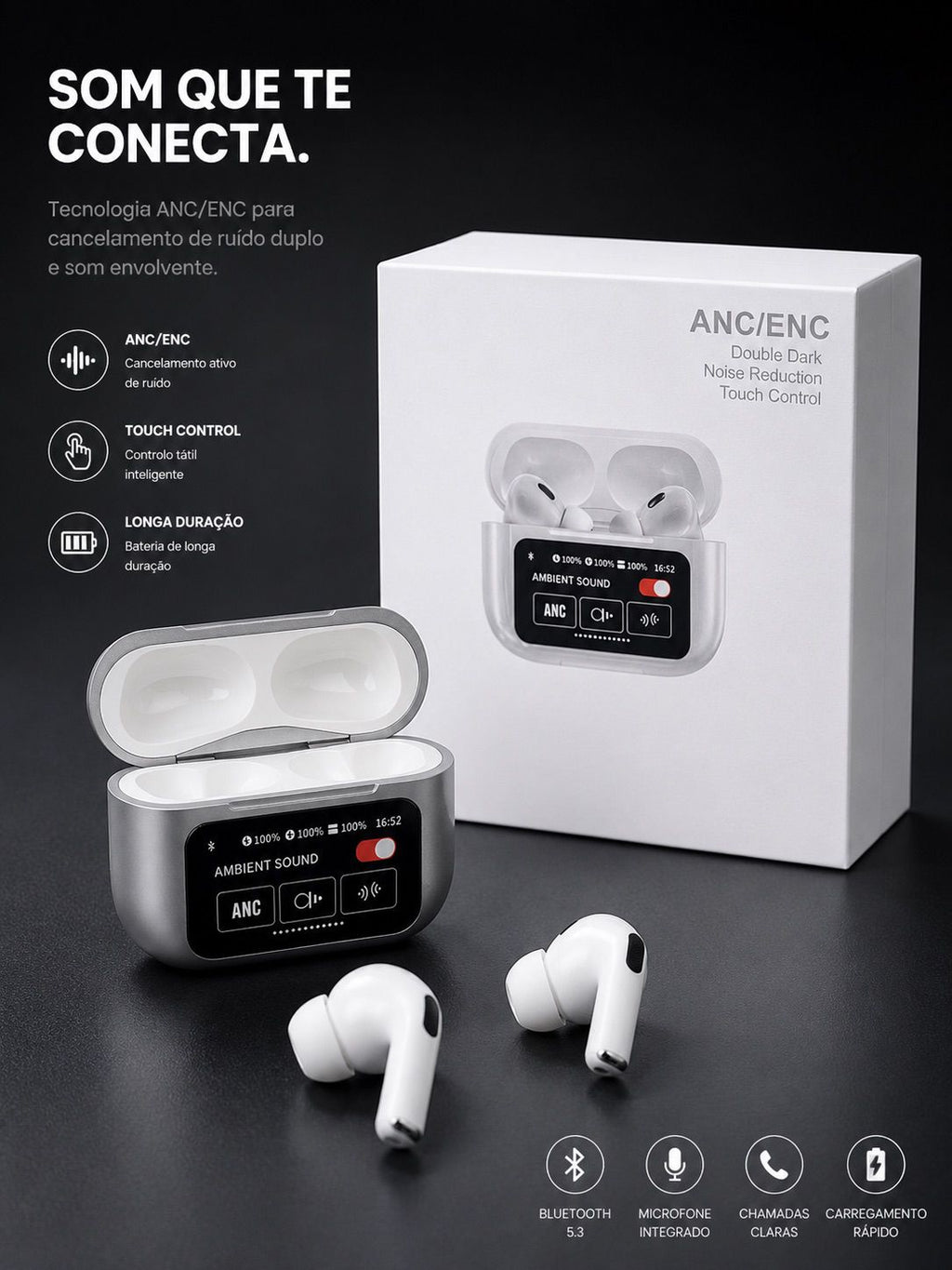 Auriculares TWS ANC/ENC com estojo e caixa