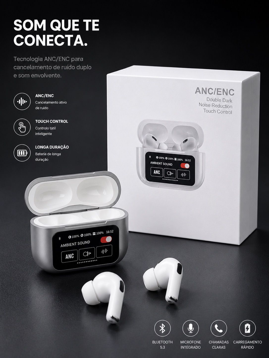 Auriculares TWS ANC/ENC com estojo e caixa